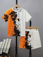 2pcs Casual Color Block Splash Ink Short Sleeve T-shirt & Shorts Set